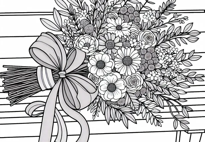 Blumenstrauß mit Schleife liegt auf Bank – Malvorlage Gratis