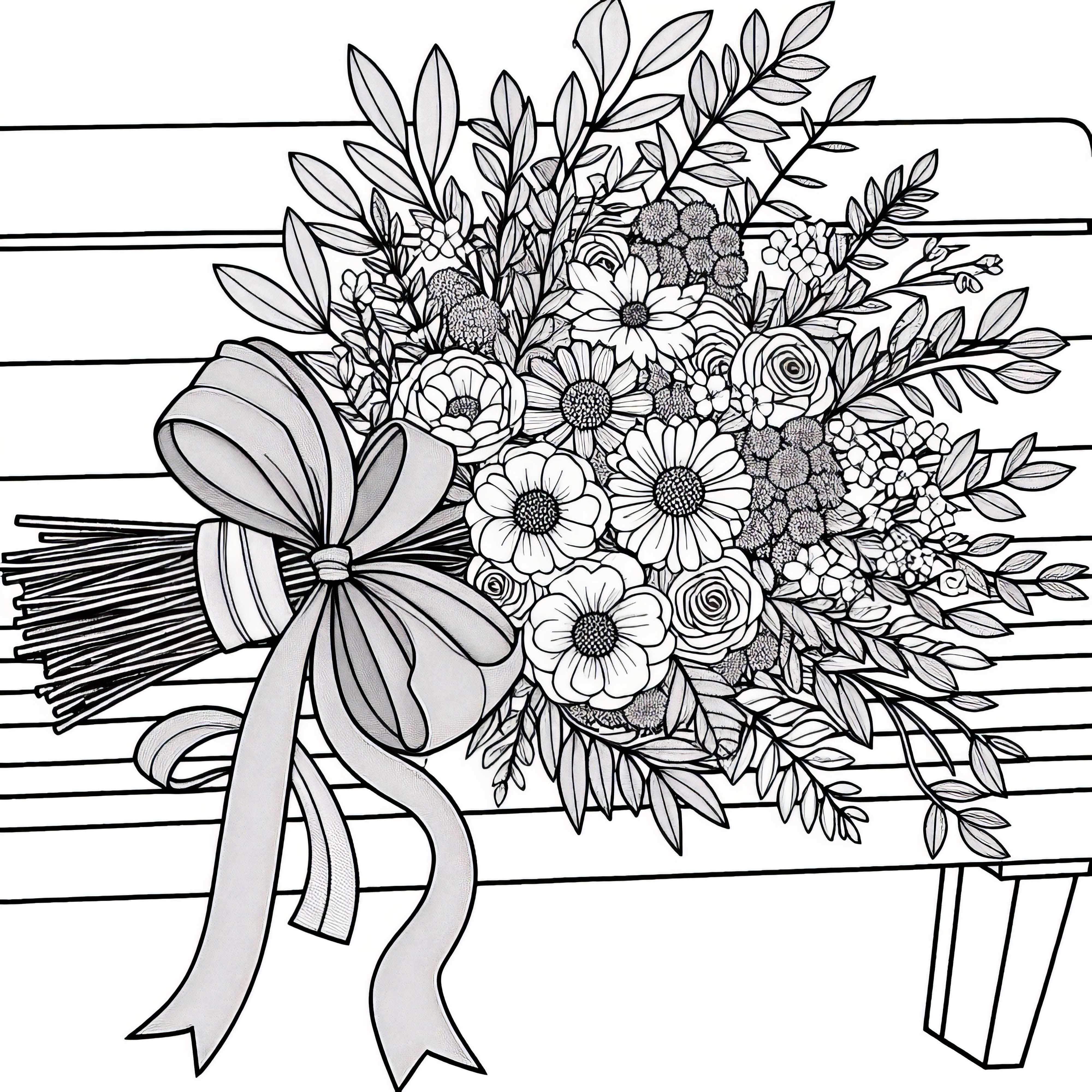 Buquê de flores com laço em um banco – Modelo de pintura grátis