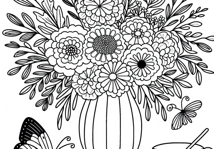 花束と隣に蝶のある花瓶の塗り絵無料