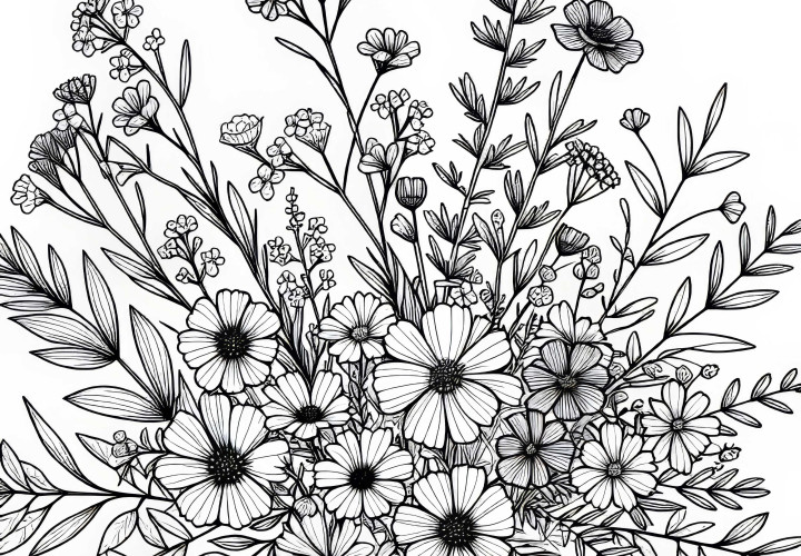 野花とハーブの花束 - 無料ダウンロードの塗り絵テンプレート