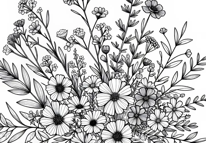 Blumenstrauß mit Wiesenblumen und Kräutern – Malvorlage zum Gratis-Download