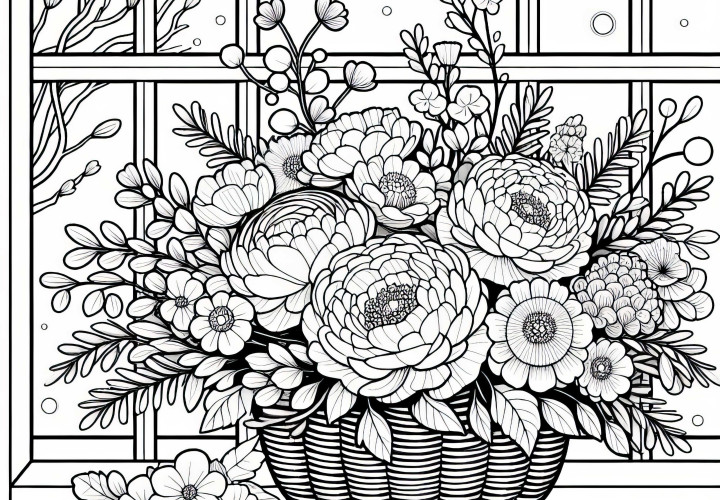 窓辺のロマンチックな花束 - 無料の塗り絵