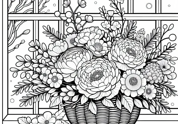 Romantischer Blumenstrauß auf Fensterbrett – Ausmalbild gratis