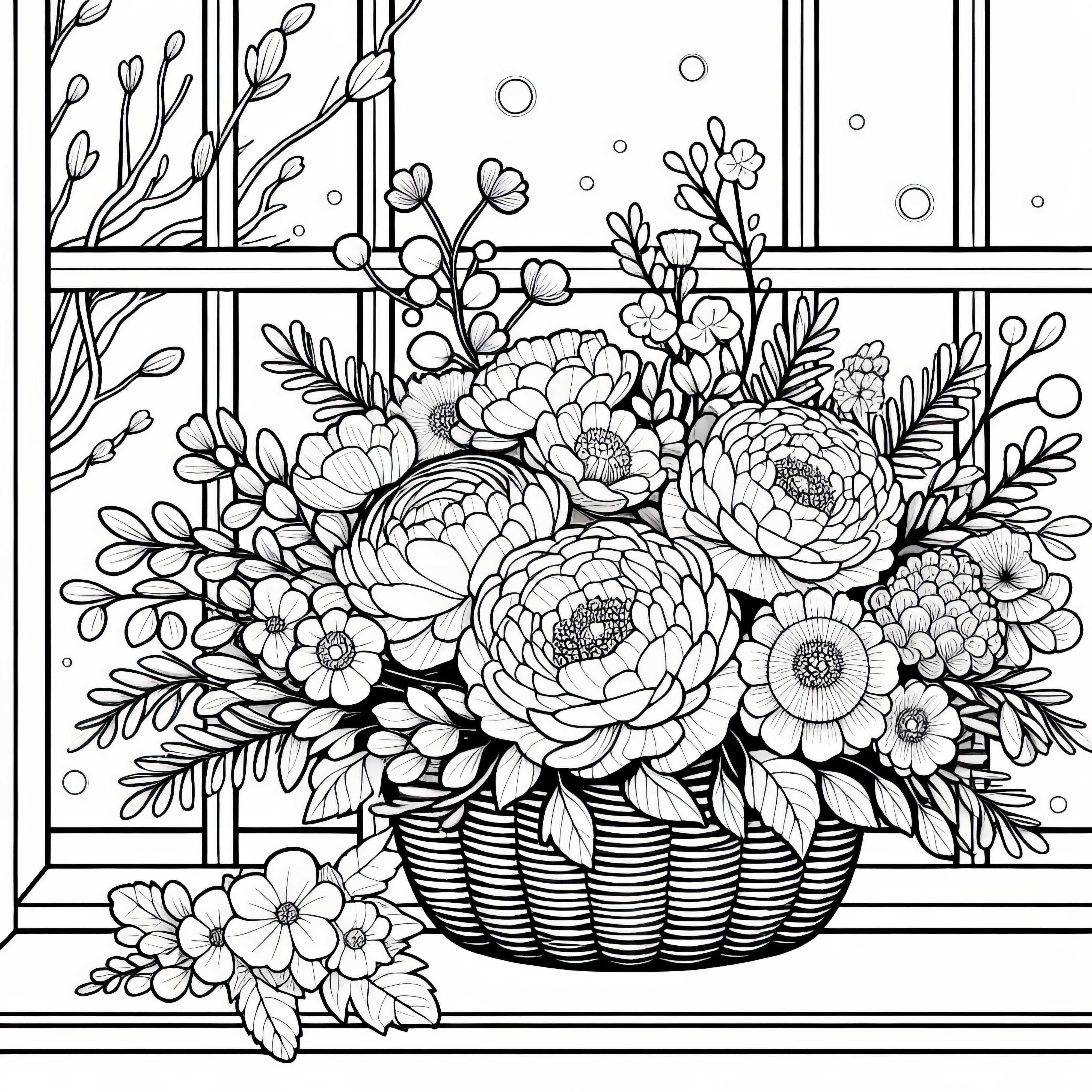 窓辺のロマンチックな花束 – 無料の塗り絵