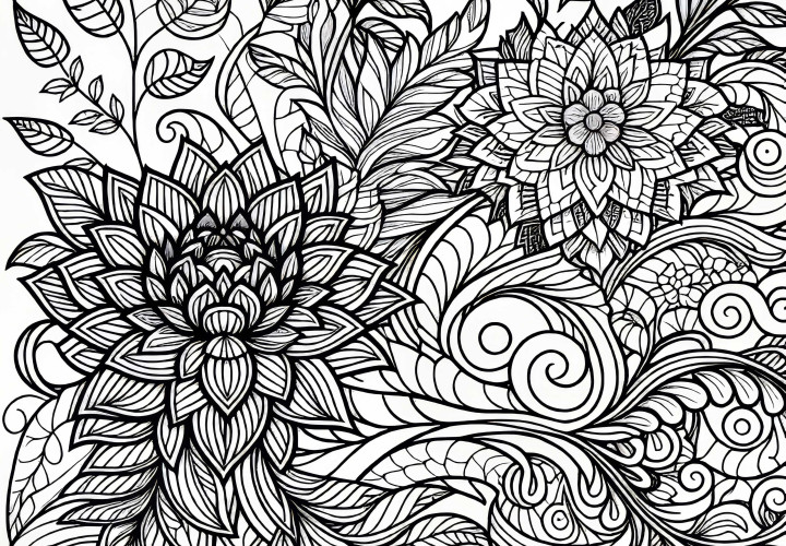 Pattern of intertwined flowers and leaves - coloring template for adults free of charge