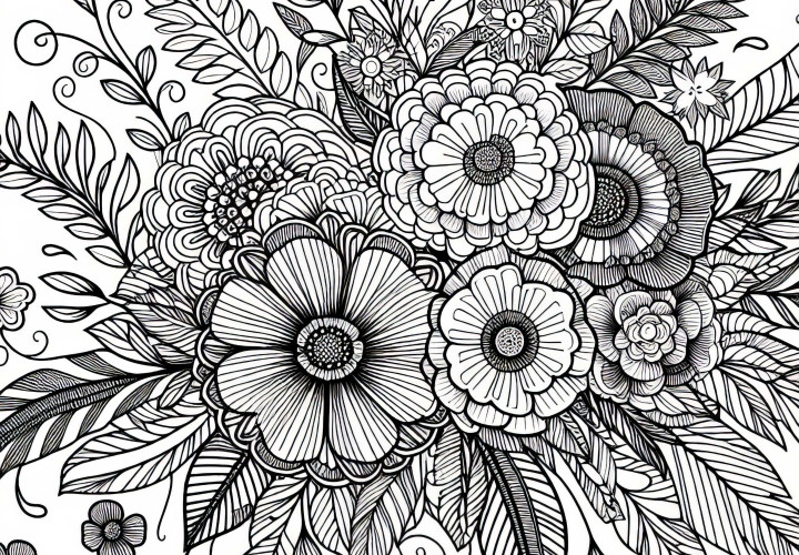 Large bouquet of flowers coloring page for adults free