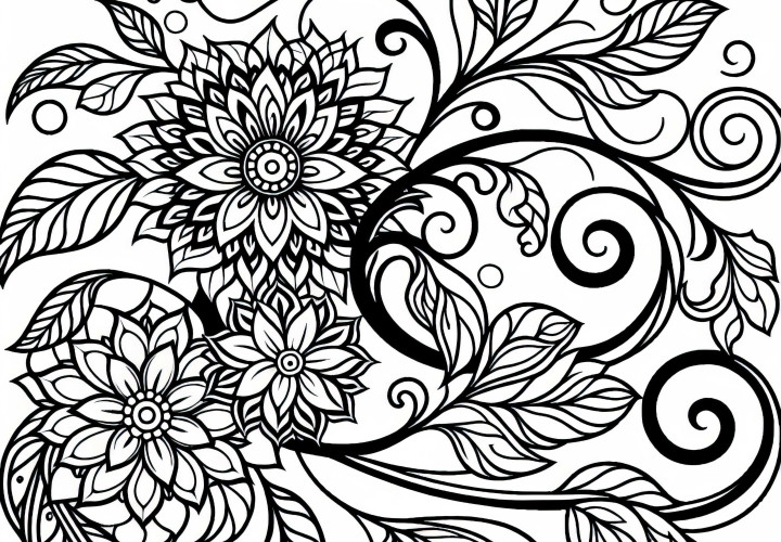 Delicate vine with stylized flowers - Free coloring page for adults