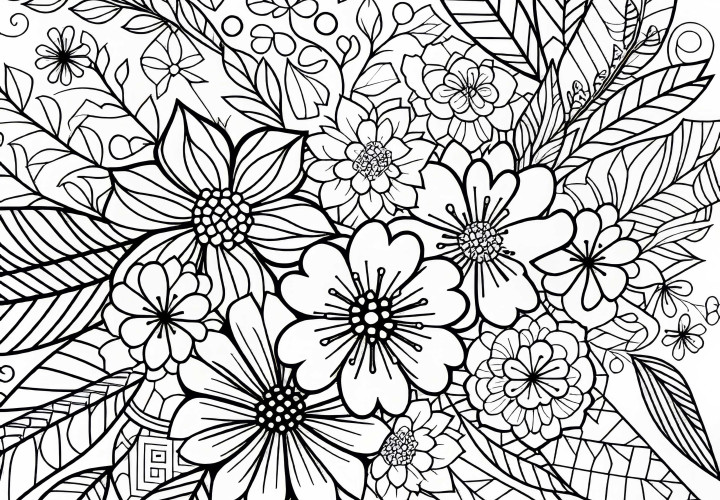 Mix of flowers, leaves, and blooms – Free coloring page for adults