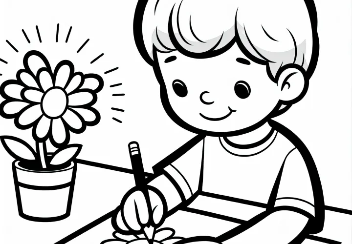 Дете рисува проста цвете на хартия - безплатна оцветяваща страница за деца