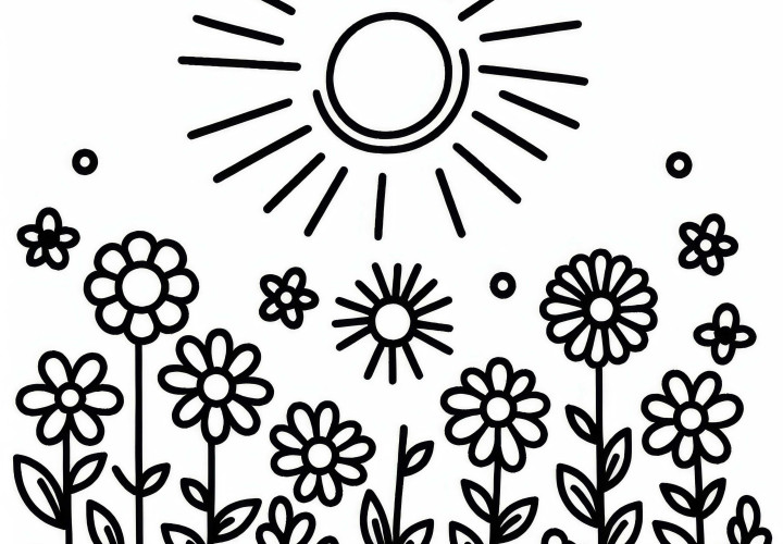 꽃이 피어난 정원 위의 태양 - 아이들을 위한 간단한 무료 색칠공부 시트