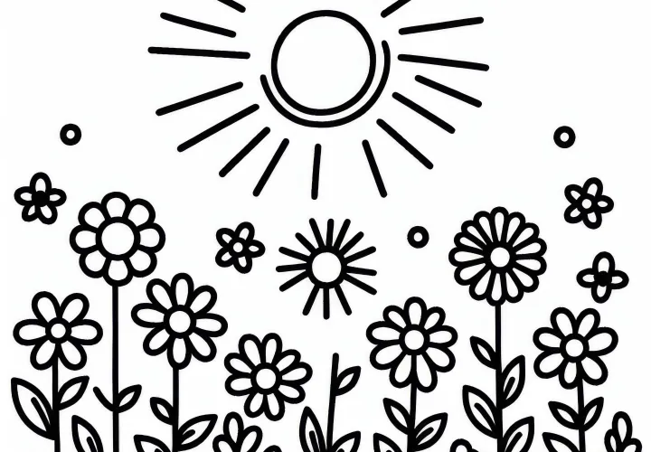 Слънце над цветна леха с цветя – шаблон за оцветяване за деца безплатно