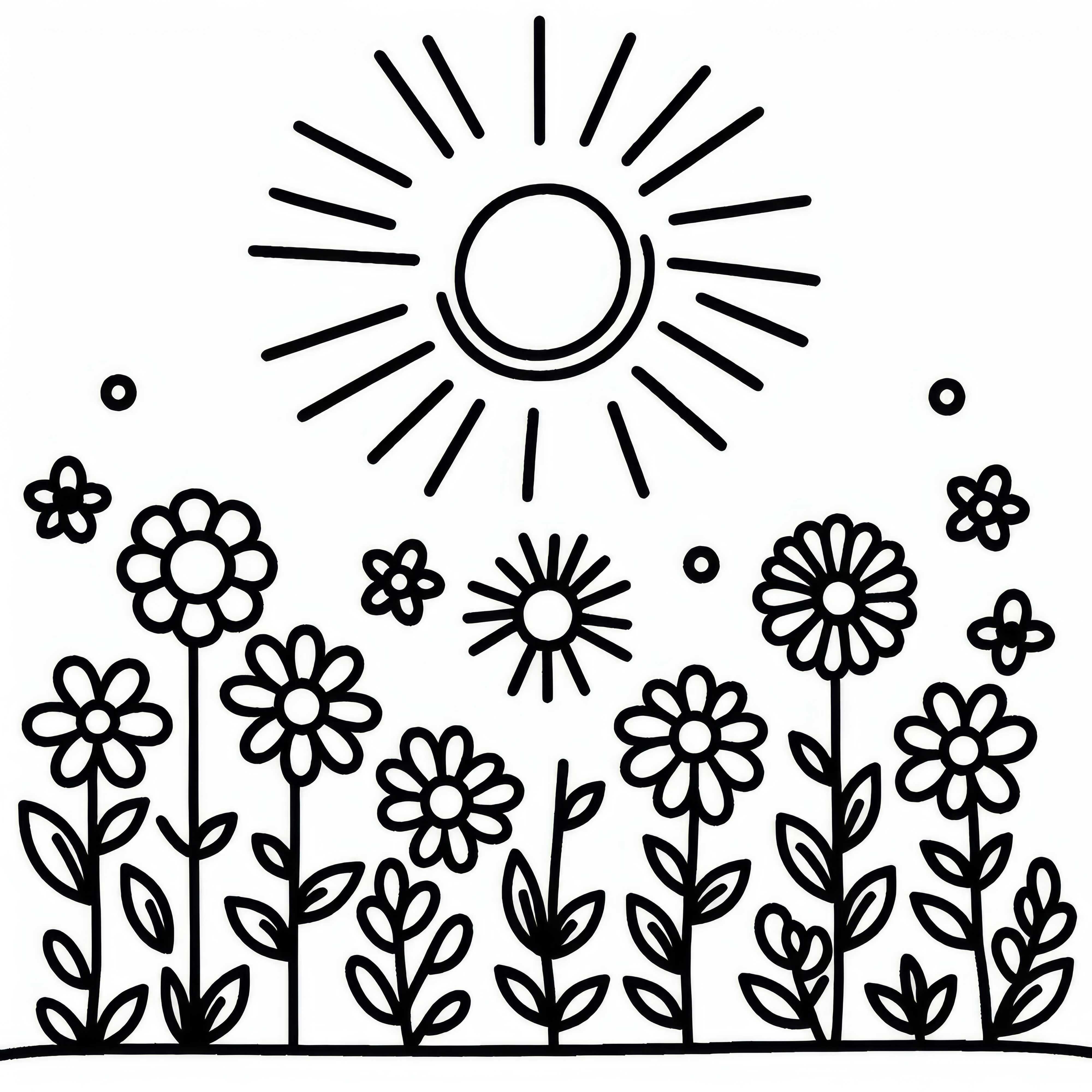 Sol sobre canteiro com flores - Desenho para colorir fácil para crianças grátis
