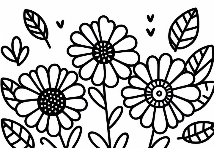 세 개의 꽃 나란히 – 아이들을 위한 간단한 색칠 그림 무료