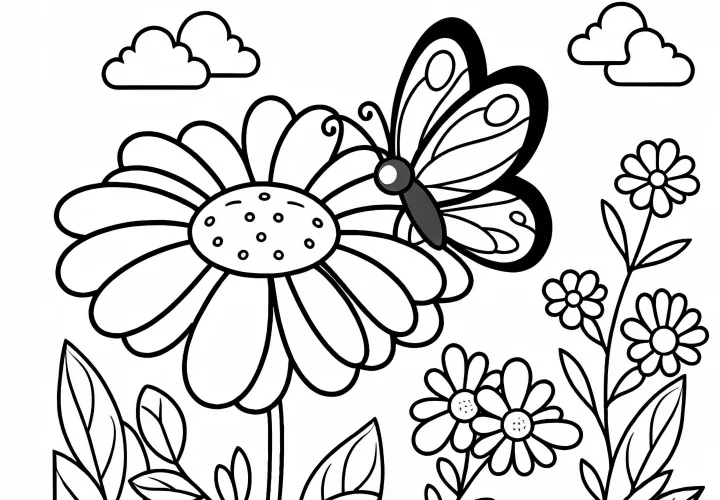 Пеперуда каца на цвете – безплатна цветна схема за деца