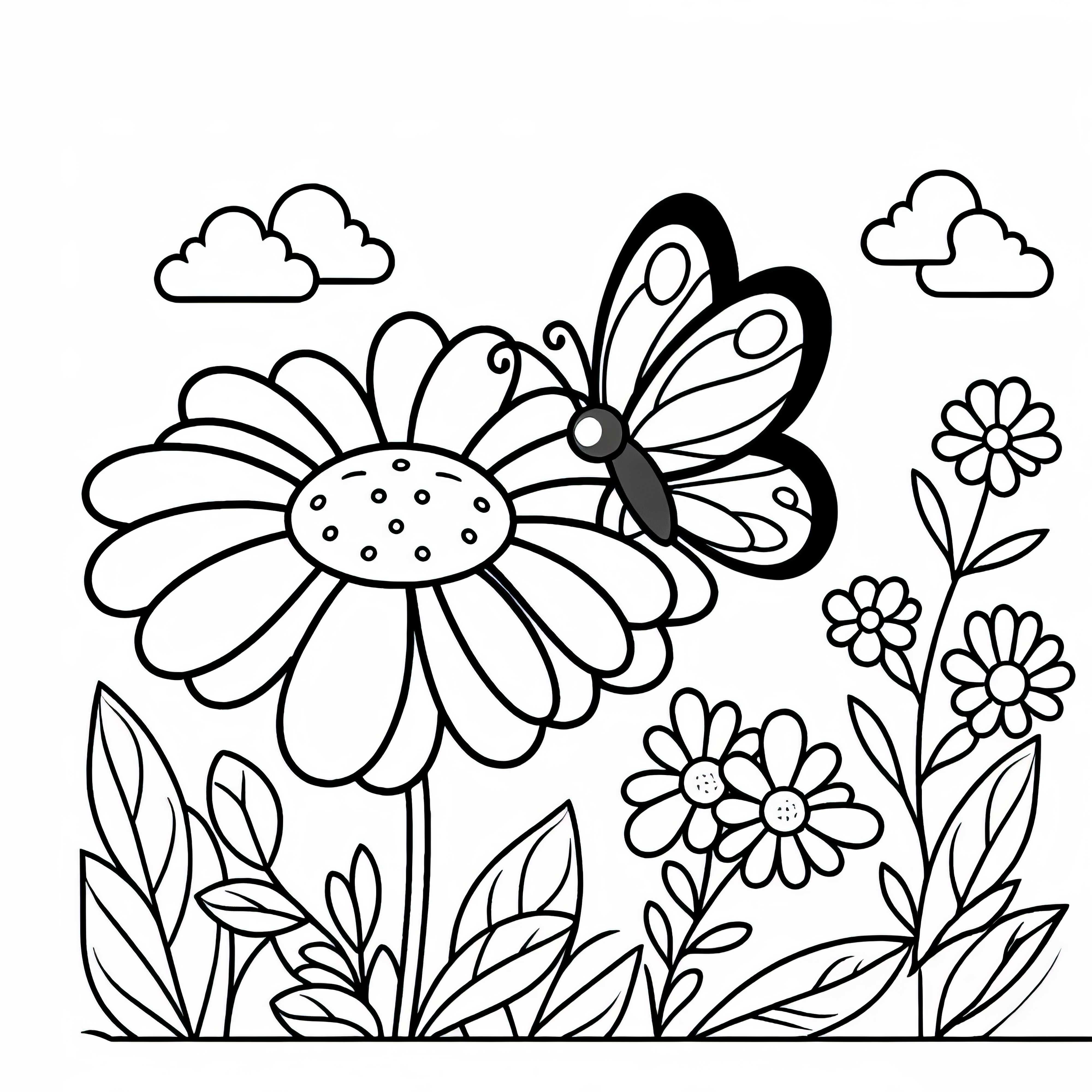 蝶が花に止まる - 子供向けの簡単な塗り絵 無料 蝶が花に止まる - 子供向けの簡単なぬりえ 無料