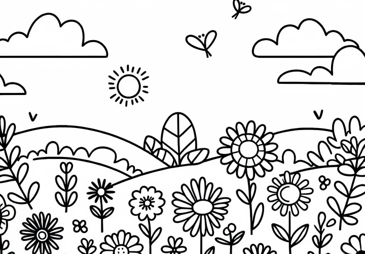 아이들을 위한 무료 간단한 꽃밭 색칠하기 이미?