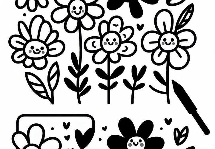 Flores com rosto e sorriso – Desenho para colorir simples e gratuito para crianças