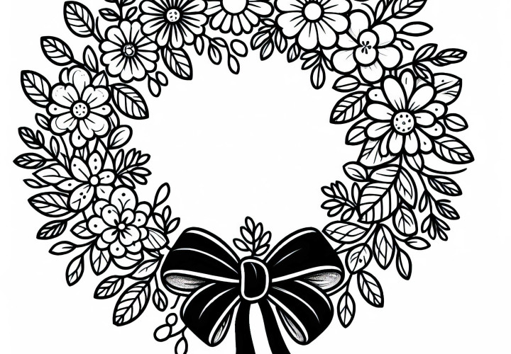 クラシックな丸い花の冠とリボンの塗り絵テンプレート 無料