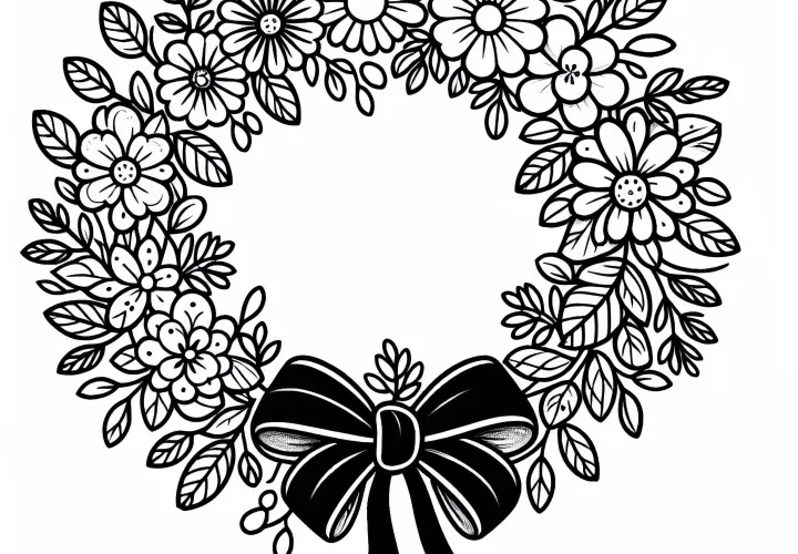 Klasický kulatý květinový věnec s mašlí - omalovánka zdarma