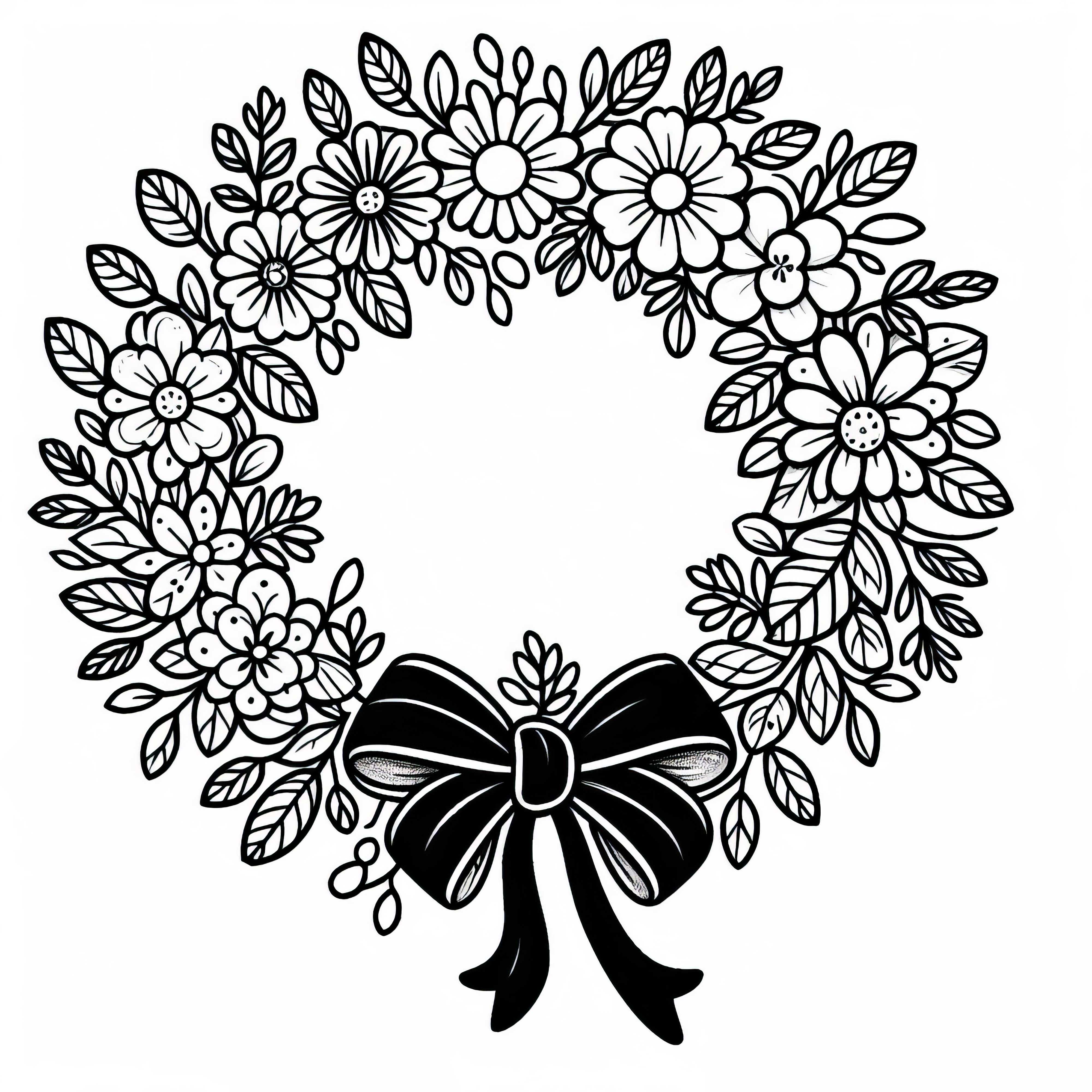 Classic round flower crown with ribbon coloring template free Classic round flower wreath with bow coloring page free