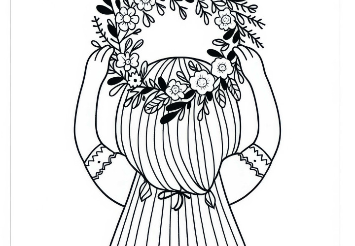 子供が頭に花の冠をかぶる - 無料の塗り絵