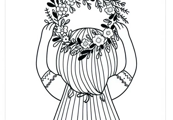 Dítě si nasazuje na hlavu květinový věnec – Obrázek k vybarvení zdarma