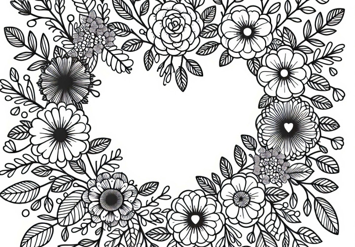 Guirlanda de flores em forma de coração - Desenho para colorir gratuito