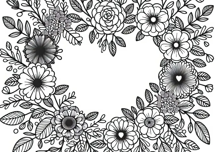 Květinový věnec ve tvaru srdce – Obrázek k vybarvení zdarma