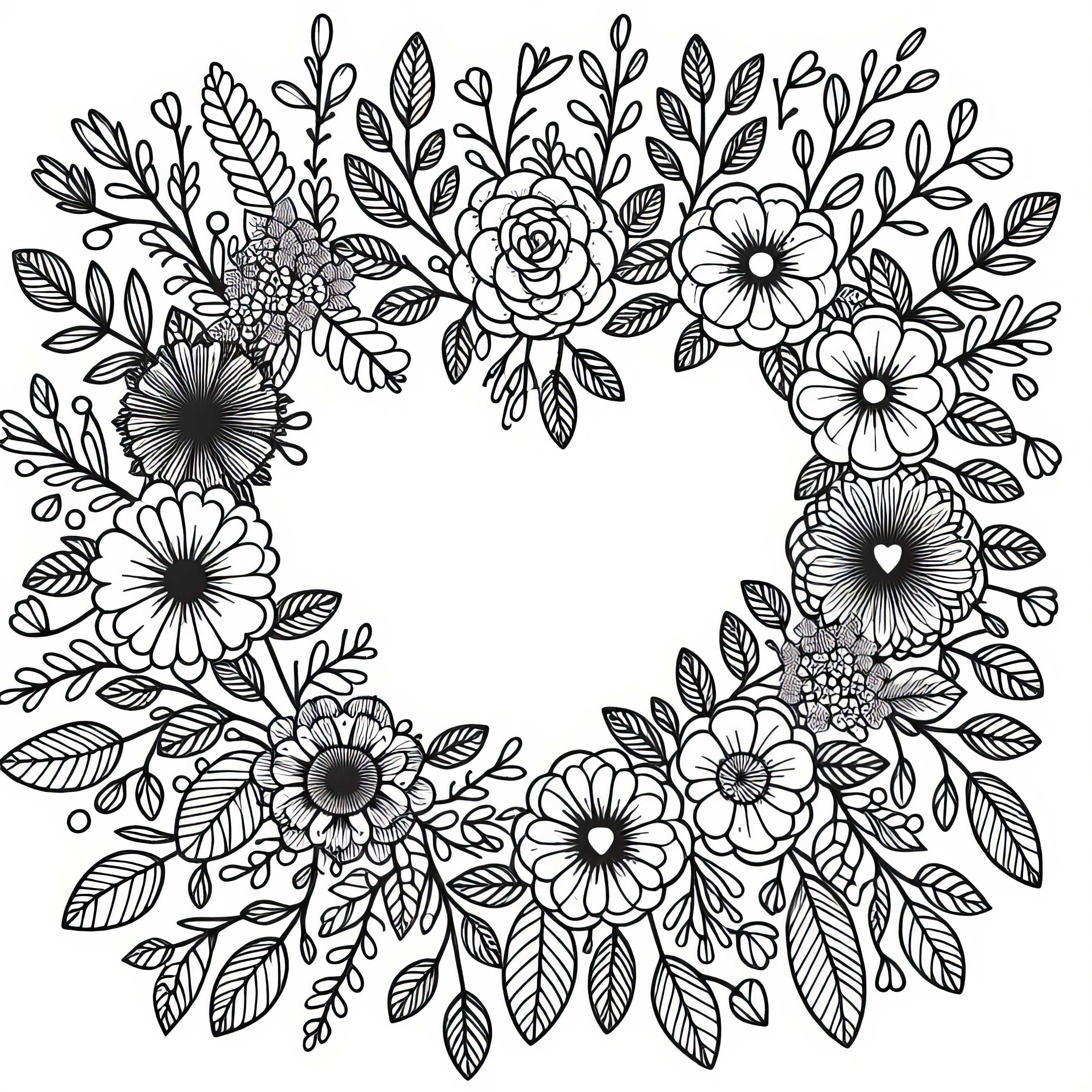 Venec v obliki srca – barvna slika brezplačno Cvečni venec v obliki srca – Slika za barvanje brezplačno