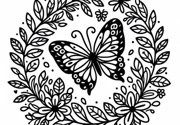 蝶がついた花冠 - 無料ぬりえ