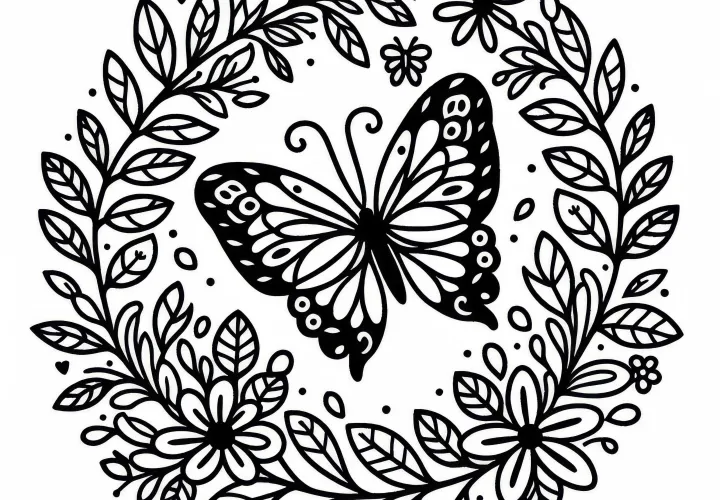 Květinový věnec s motýlem – zdarma k vybarvení