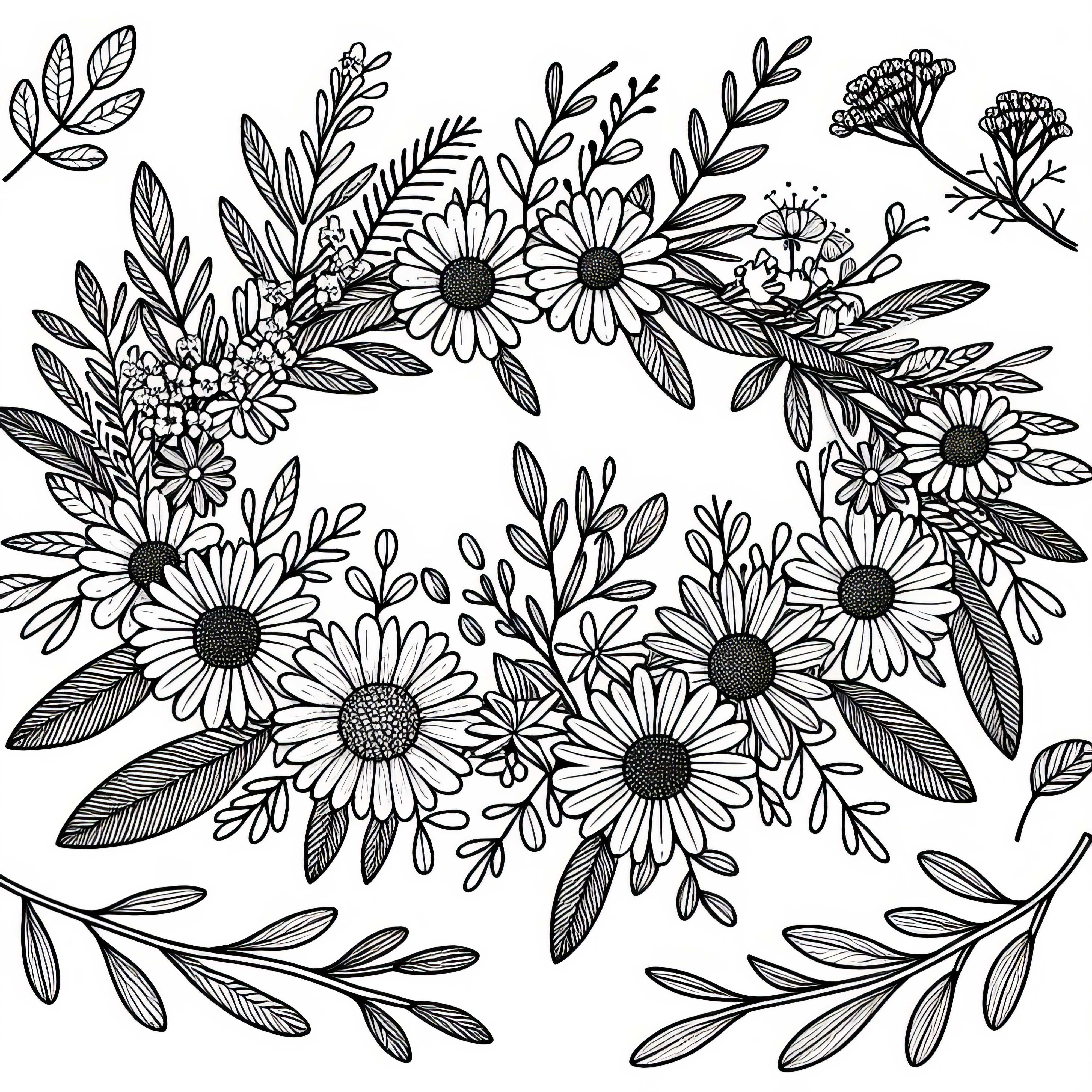 Venec s zelišči in cvetjem – brezplačna barvna predloga Venec s zelišči in cvetjem – brezplačna barvna predloga