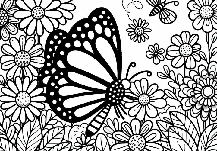 Motýl létá nad květinovým záhonem – Malovací šablona zdarma