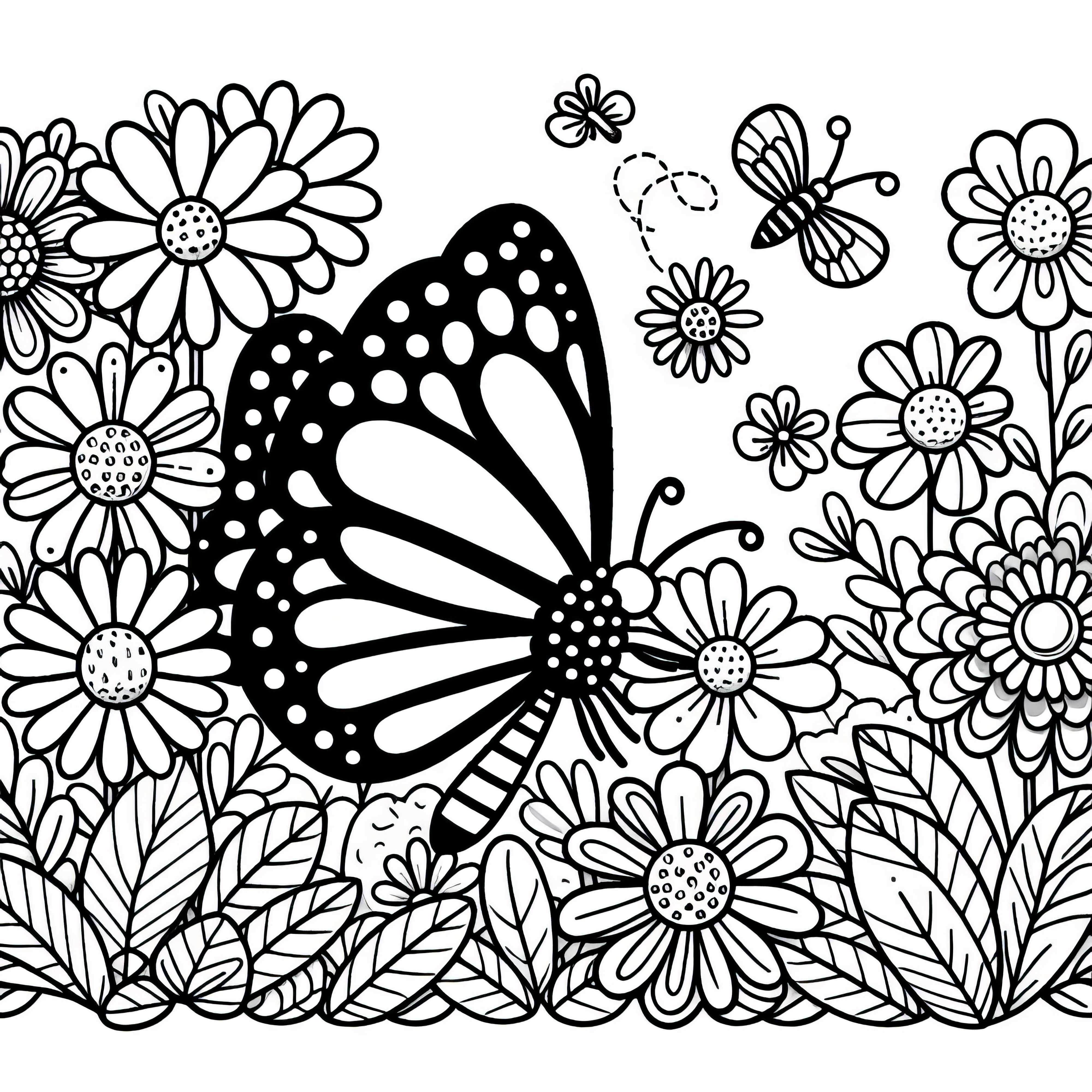 Metulj leti čez cvetlično gredico – brezplačna risanka Metulj leti čez cvetlično gredico – brezplačna predloga za barvanje