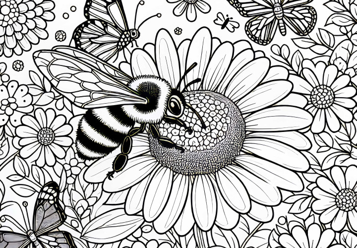 Bee sitting on a nectar-filled flower - free coloring page