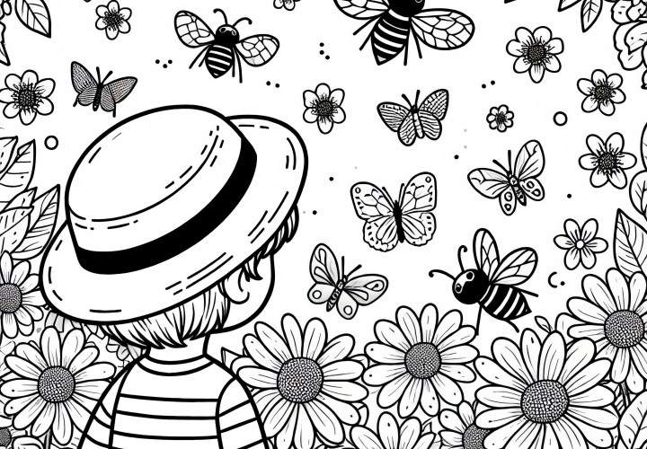 Child observes bees at the flowers – coloring page to color