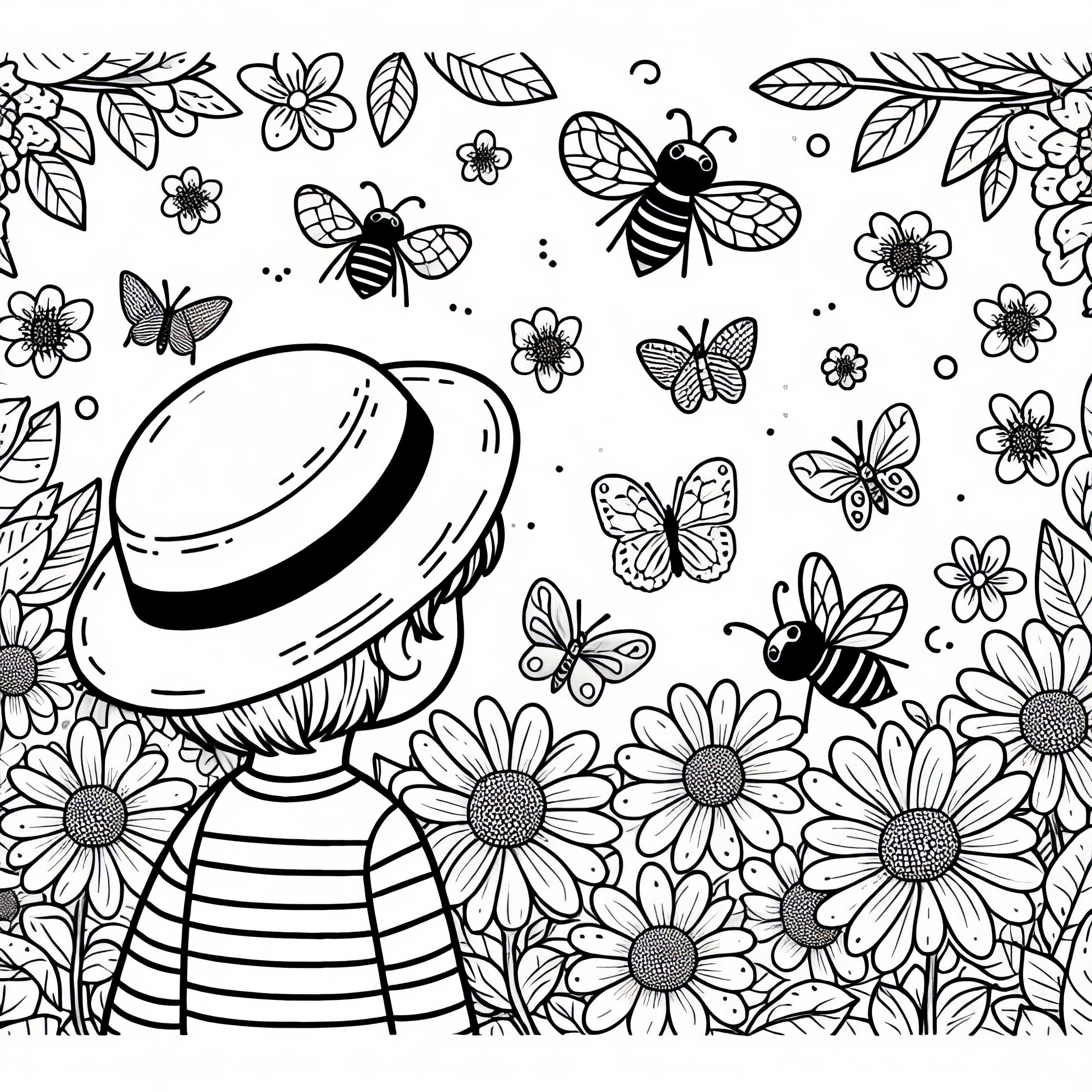 Child observes bees at the flowers - coloring template for coloring Child observes bees at the flowers - Coloring page to color