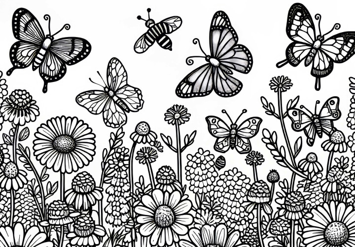 Several butterflies on a meadow with wildflowers - free coloring page