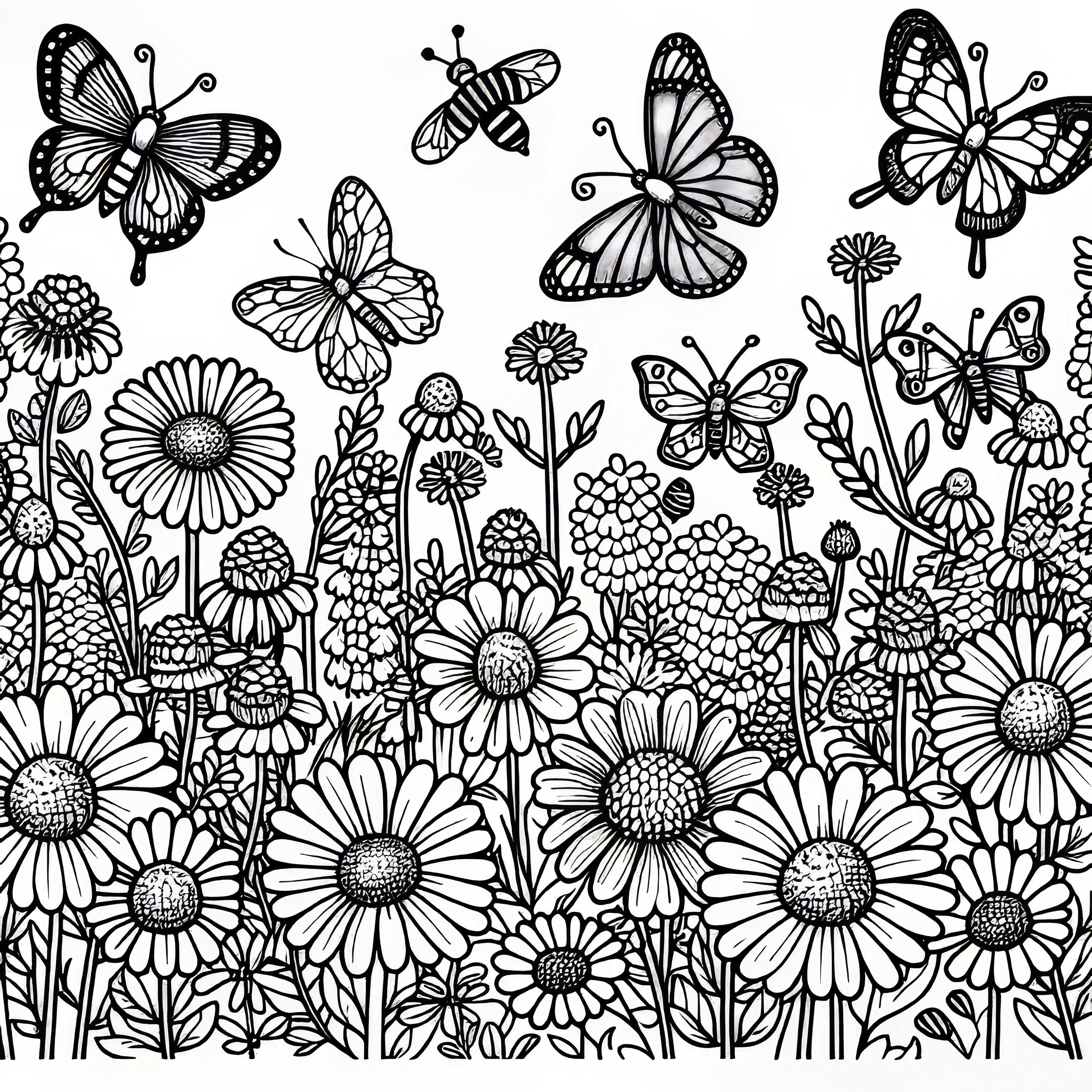 Více motýlů na louce s divokými květinami – omalovánka zdarma Více motýlů na louce s divokými květinami – omalovánka zdarma