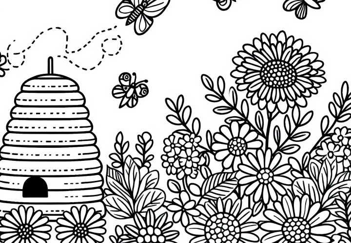 Beehive Near Garden with Flowers Coloring Page Free