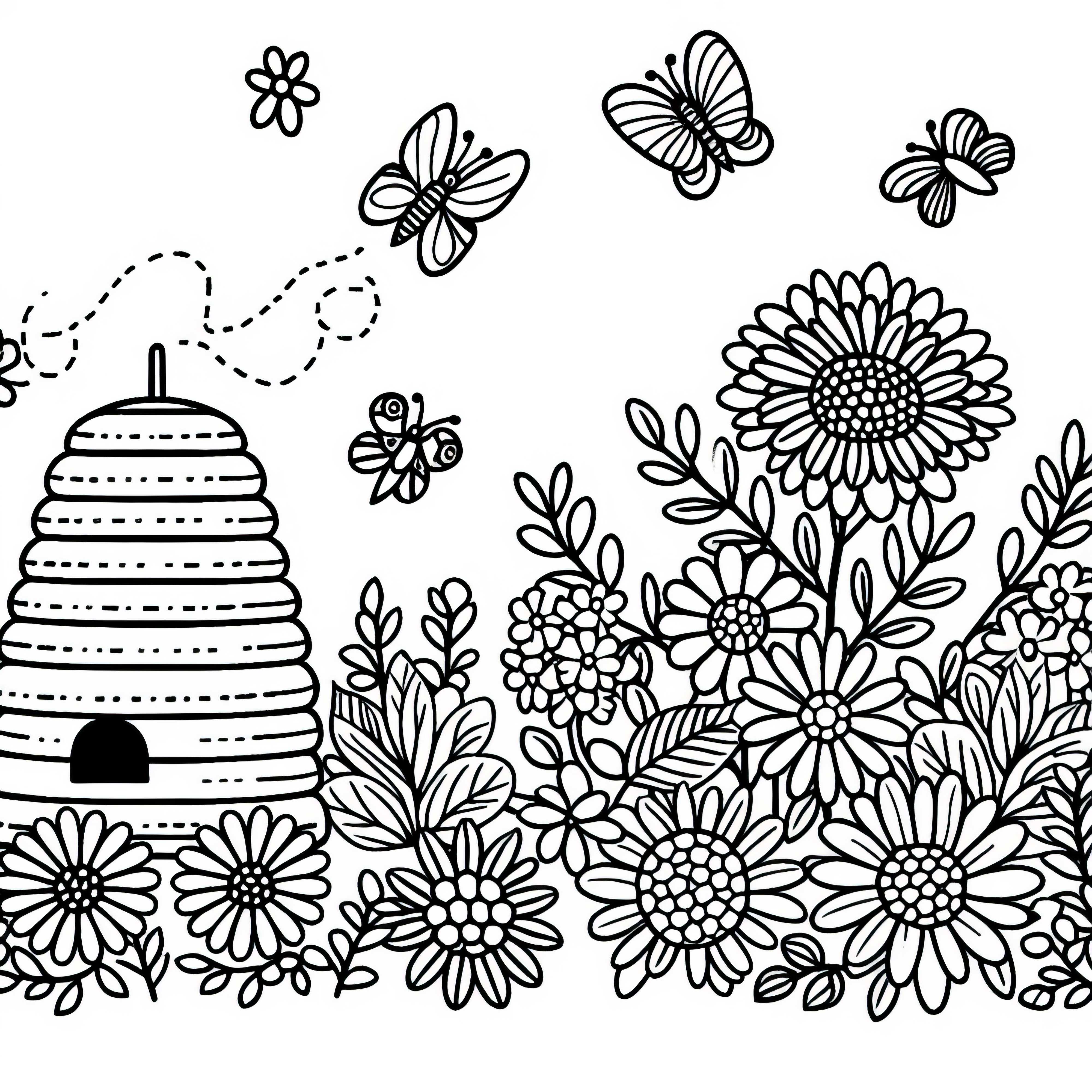 Bahçe yakınında arı kovanı ve çiçekler için ücretsiz boyama sayfası