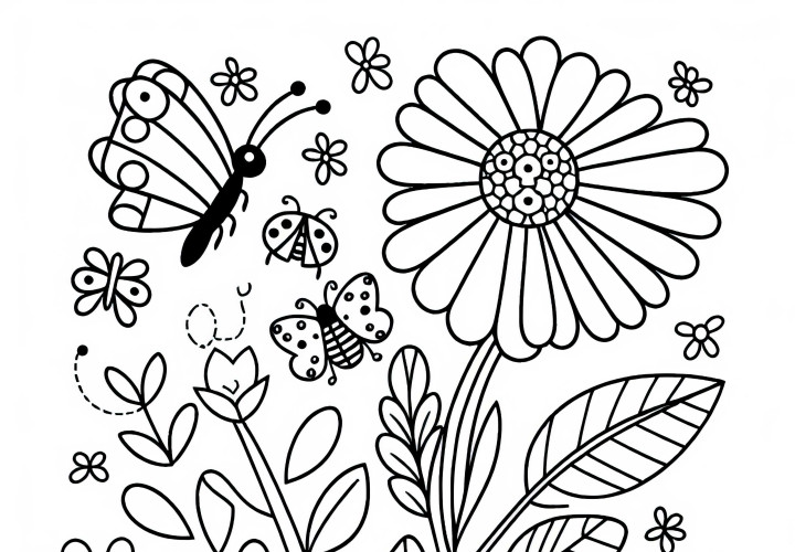 Flowers with butterflies and ladybugs: Download free coloring page
