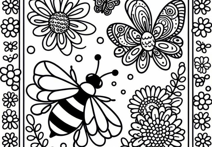Včela v rámečku s květinovým vzorem omalovánka zdarma