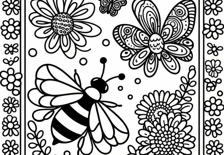 Včela v rámečku s květinovým vzorem omalovánka zdarma