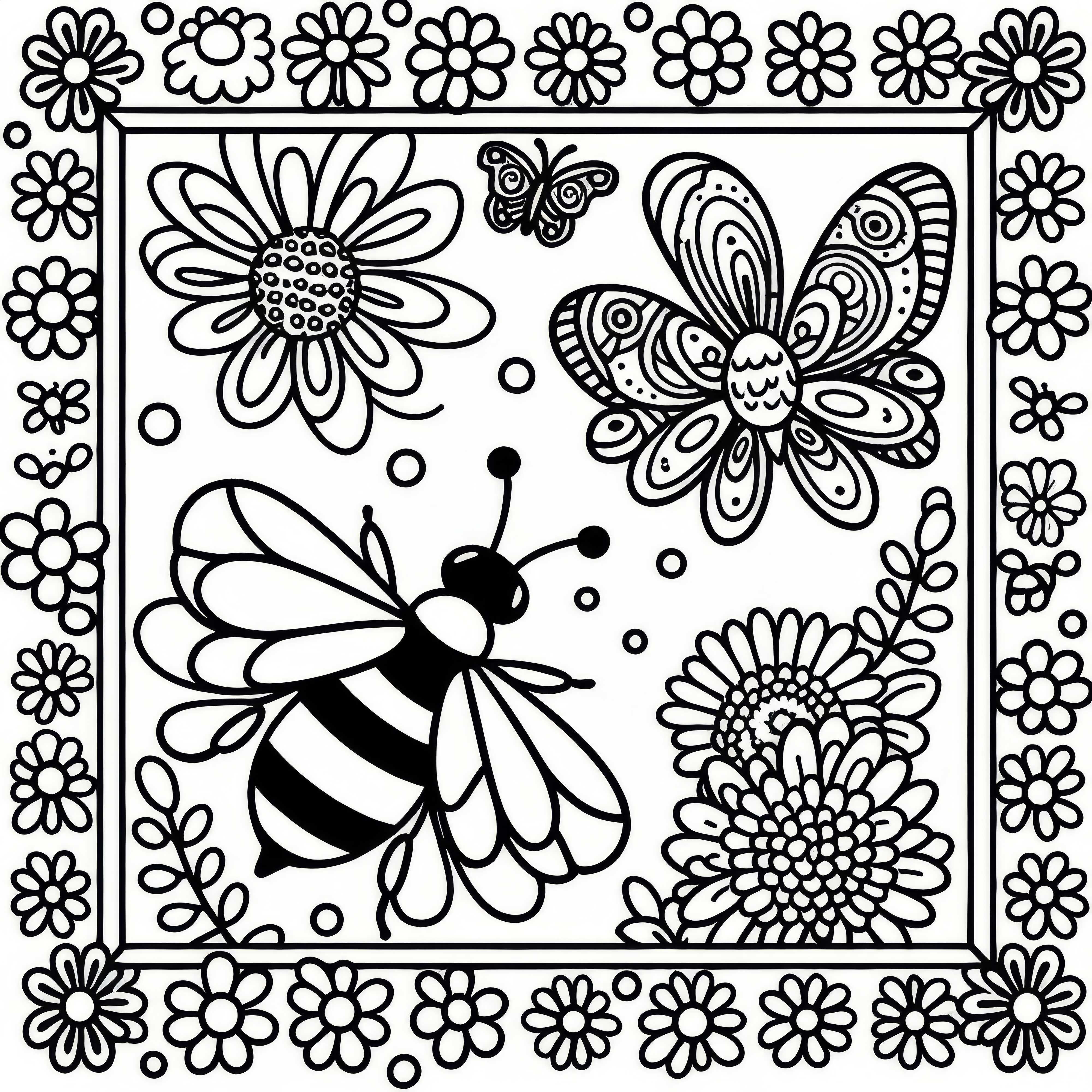 Bee in frame with floral pattern coloring page free