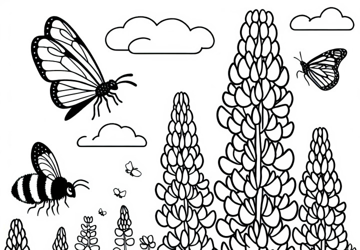 Lupins, Bees and Bumblebee Coloring Page Free
