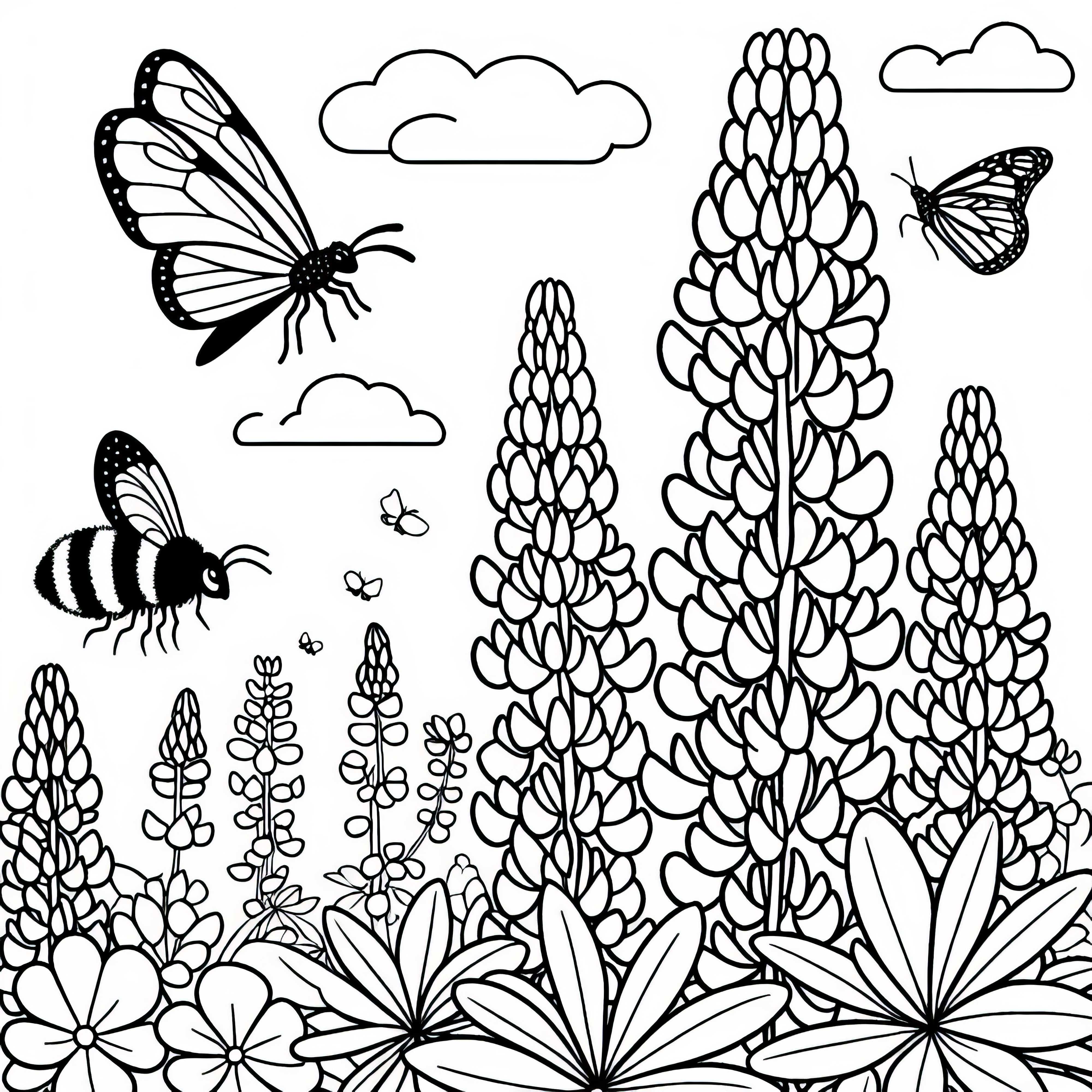 Lupiny, včely a bzučivce omalovánka zdarma