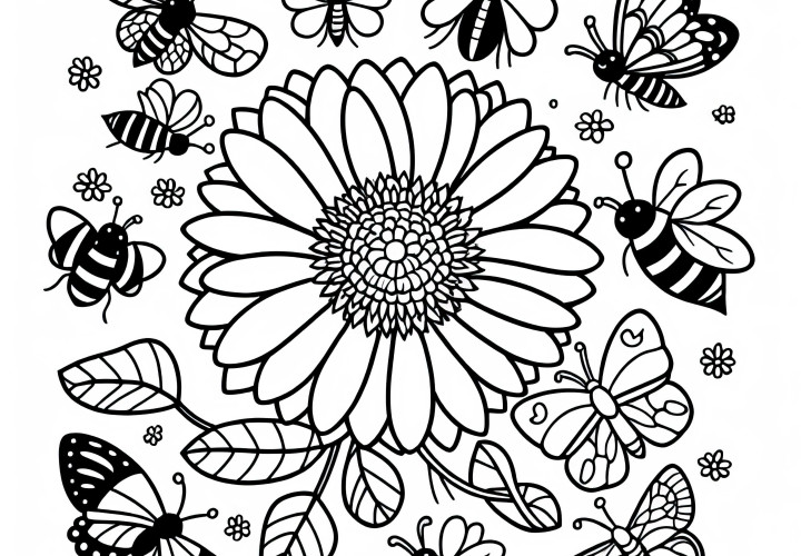 Large flower with buzzing insects around – Free coloring page