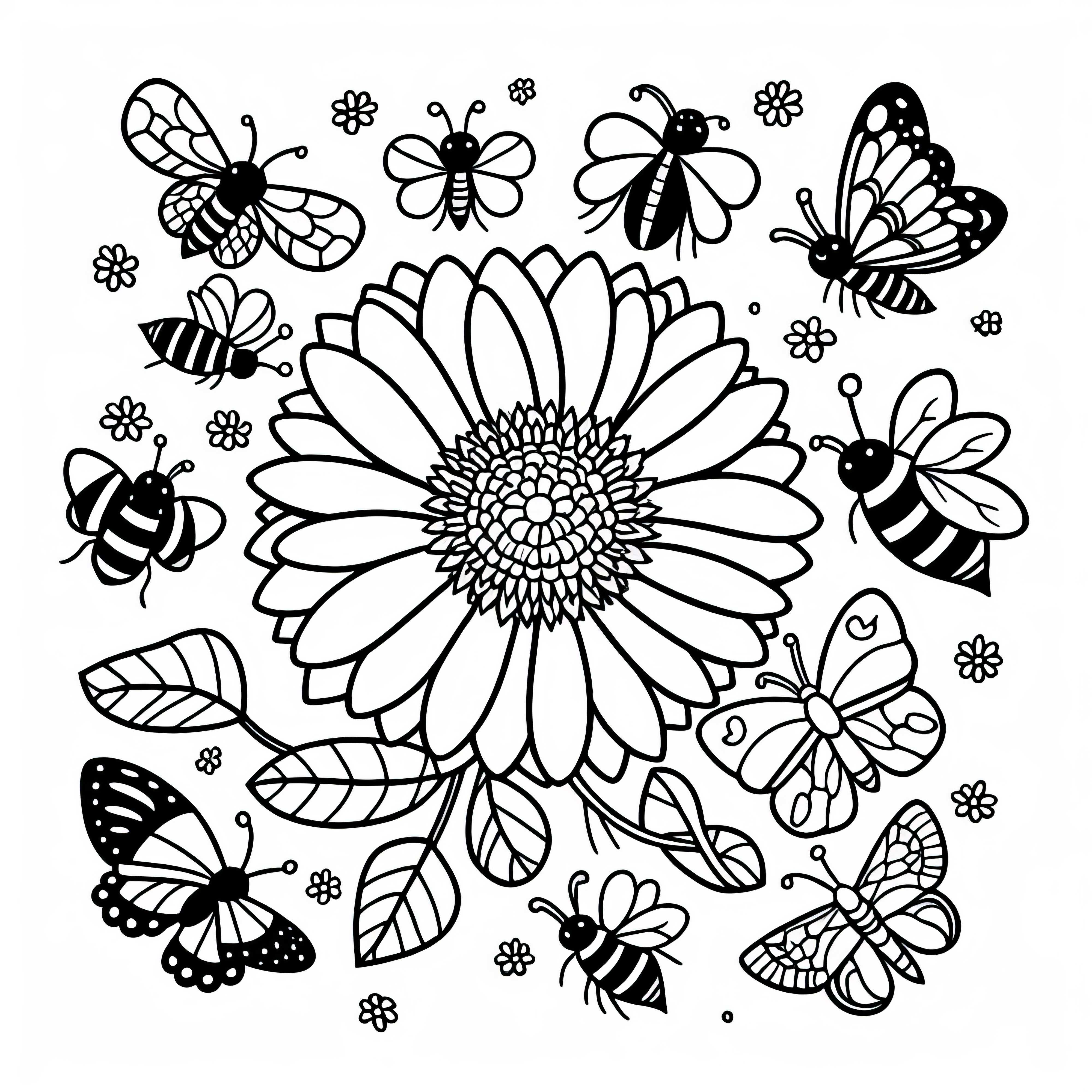 Large blossom with buzzing insects around – Free coloring page Large flower with buzzing insects around it – Free coloring page