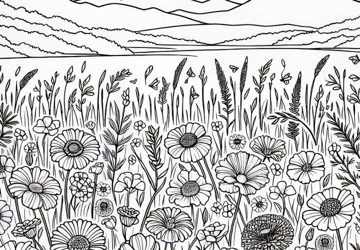 Weite Wiese mit Blumen und Gräsern – Ausmalbild kostenlos